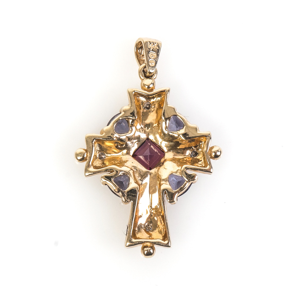 14K Yellow Gold, Diamond, Garnet, and Iolite Cross Pendant