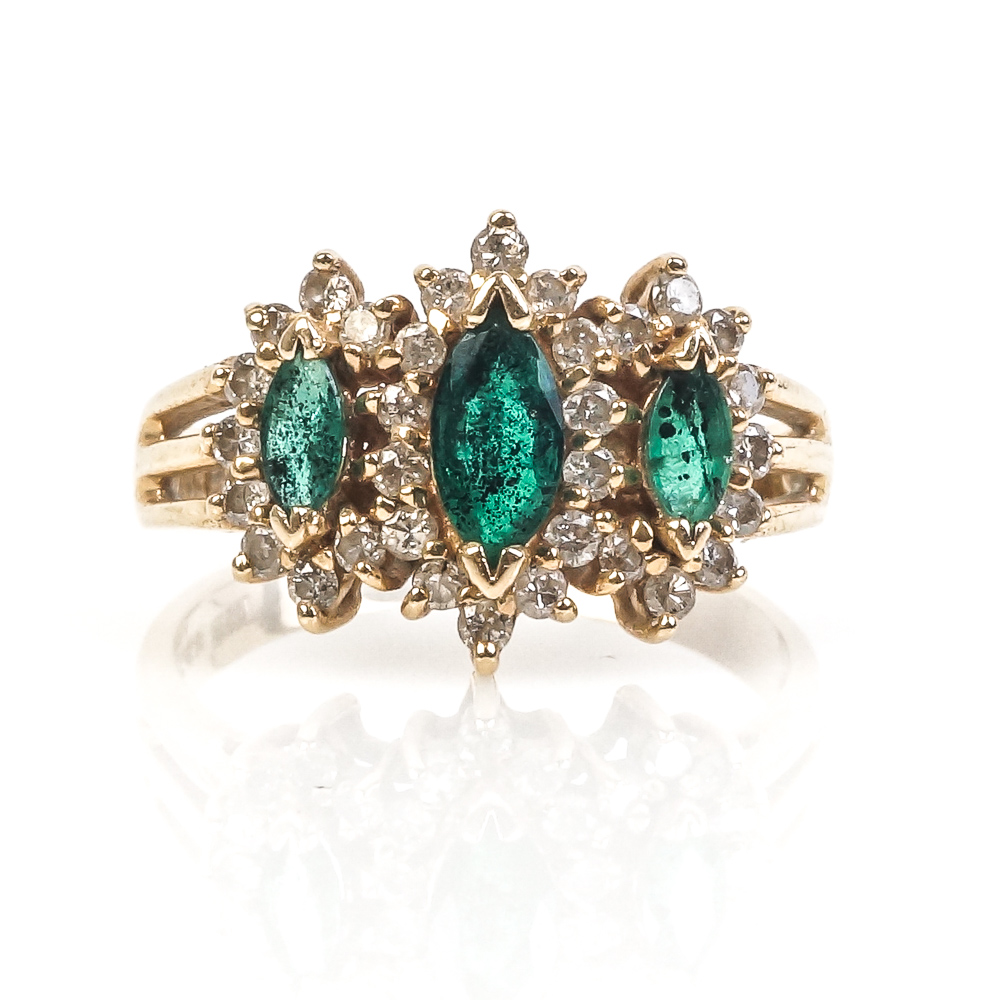 14K Yellow Gold, Marquise Cut Emerald, and Diamond Ring