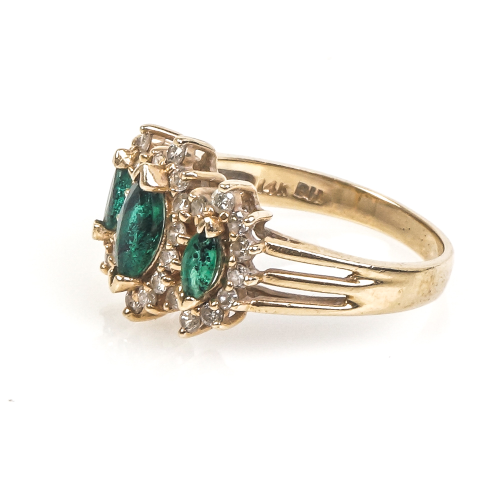 14K Yellow Gold, Marquise Cut Emerald, and Diamond Ring
