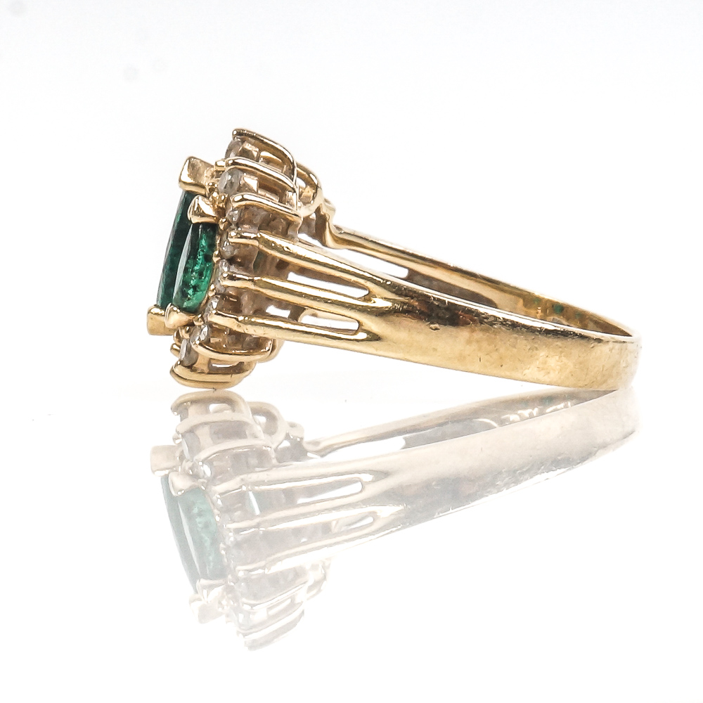 14K Yellow Gold, Marquise Cut Emerald, and Diamond Ring