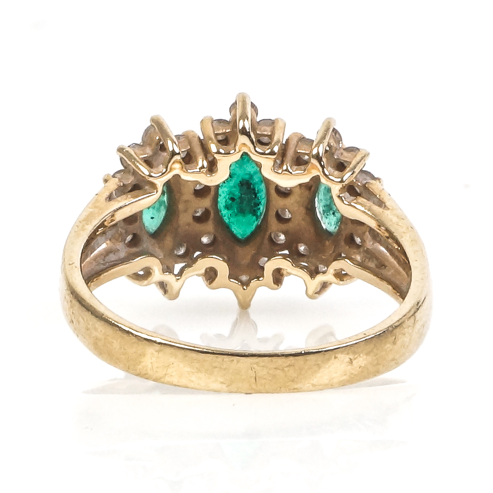 14K Yellow Gold, Marquise Cut Emerald, and Diamond Ring