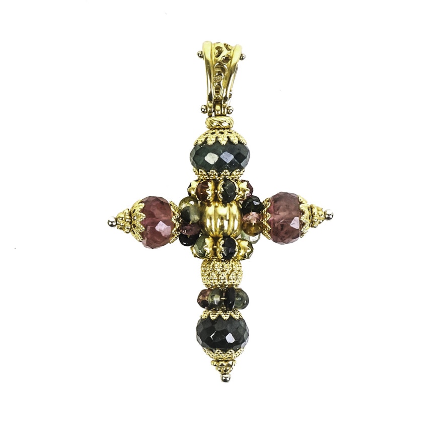 Italian 18K Yellow Gold and Faceted Tourmaline Cross Pendant