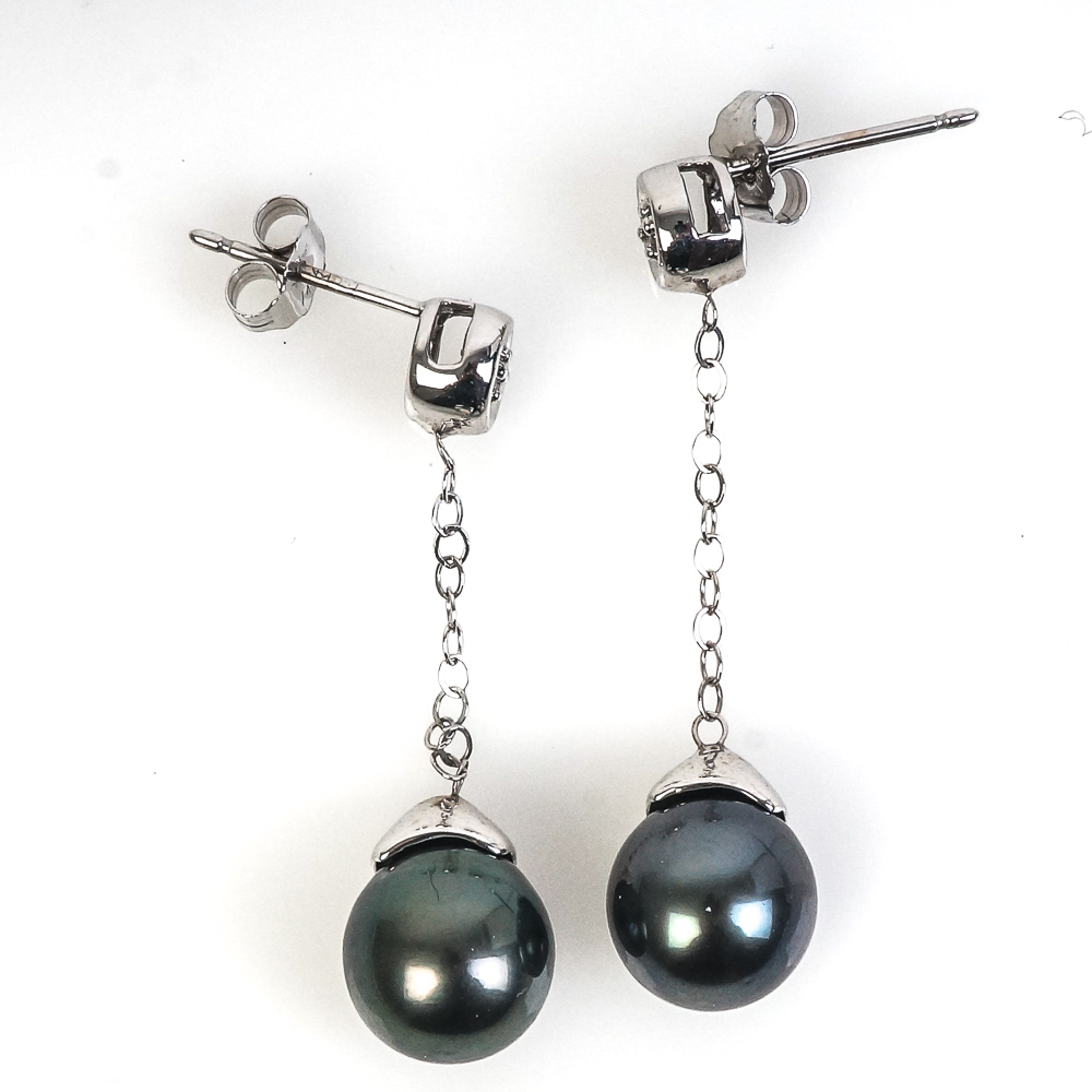 14K White Gold, Dyed Black Pearl, and Cubic Zirconia Drop Earrings