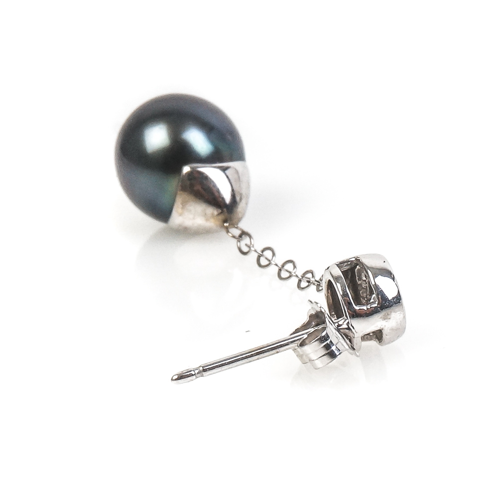 14K White Gold, Dyed Black Pearl, and Cubic Zirconia Drop Earrings