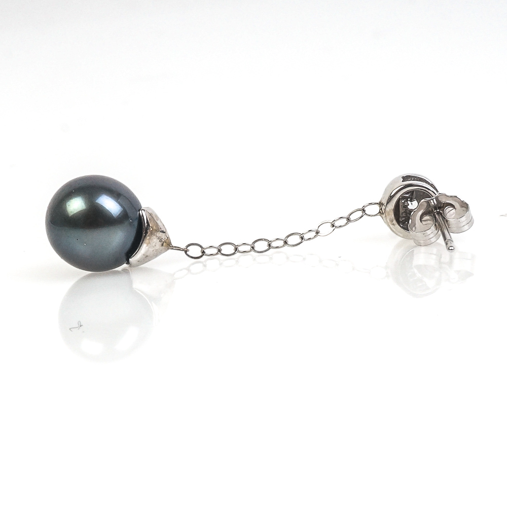 14K White Gold, Dyed Black Pearl, and Cubic Zirconia Drop Earrings
