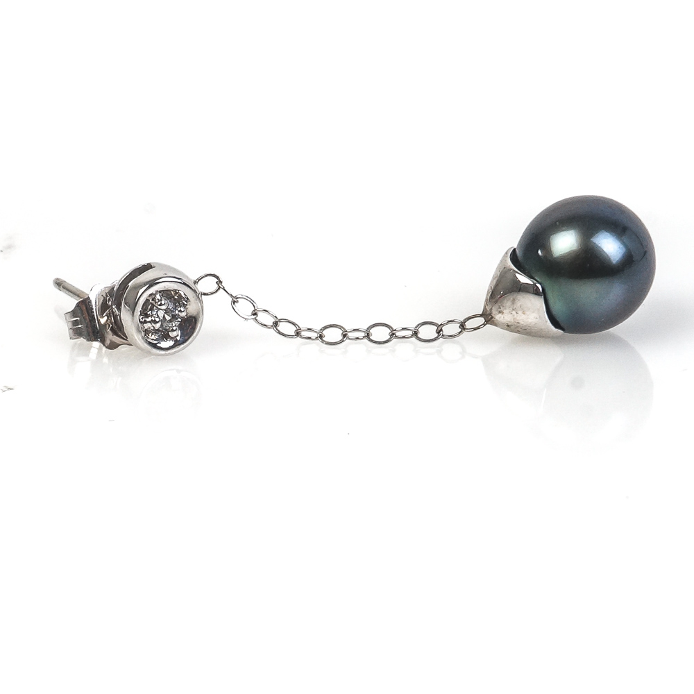 14K White Gold, Dyed Black Pearl, and Cubic Zirconia Drop Earrings