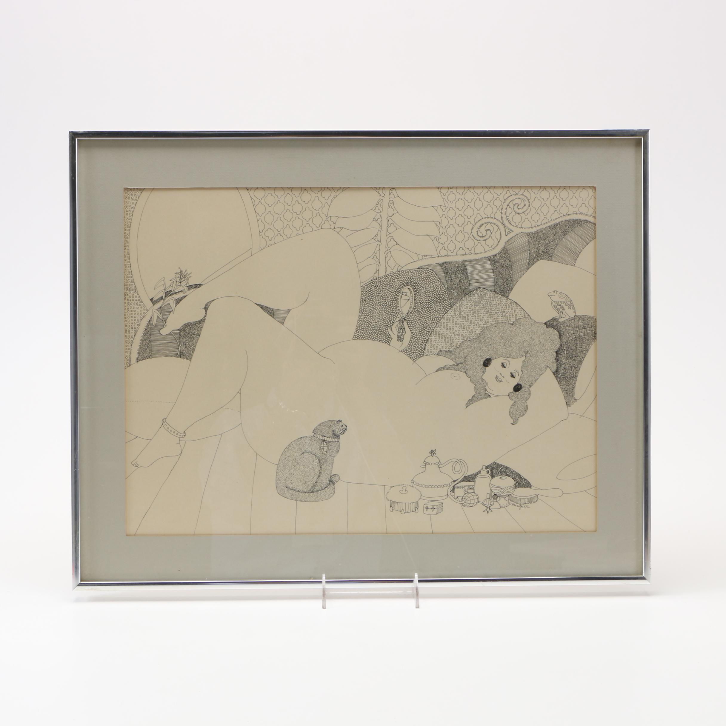 Sturgill Ink Drawing of Nude Caricature