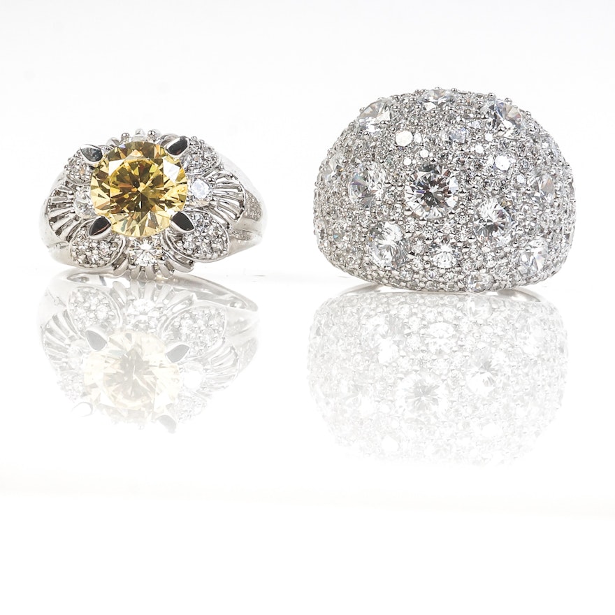 Pair of Contemporary Sterling Silver and Cubic Zirconia Cocktail Rings