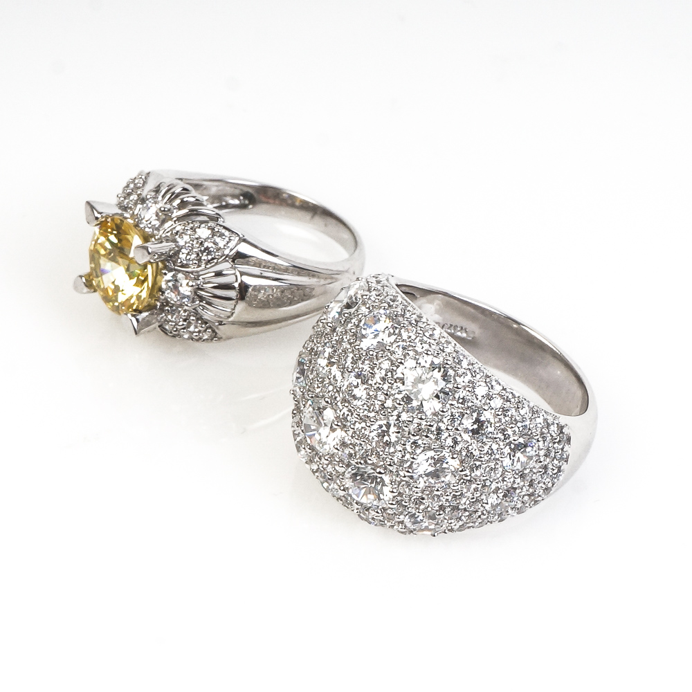 Pair of Contemporary Sterling Silver and Cubic Zirconia Cocktail Rings