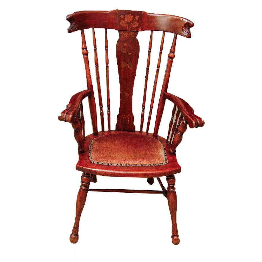 Early 20th Century Spindle-Back Armchair With Marquetry Splat