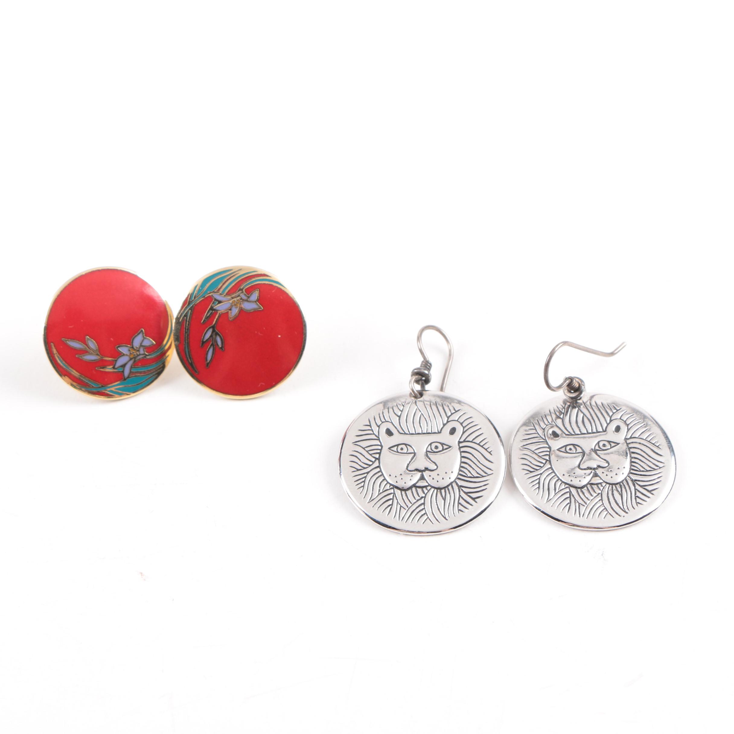 Laurel Burch "Marsh Lion" and "Wind Flower" Enameled Earrings
