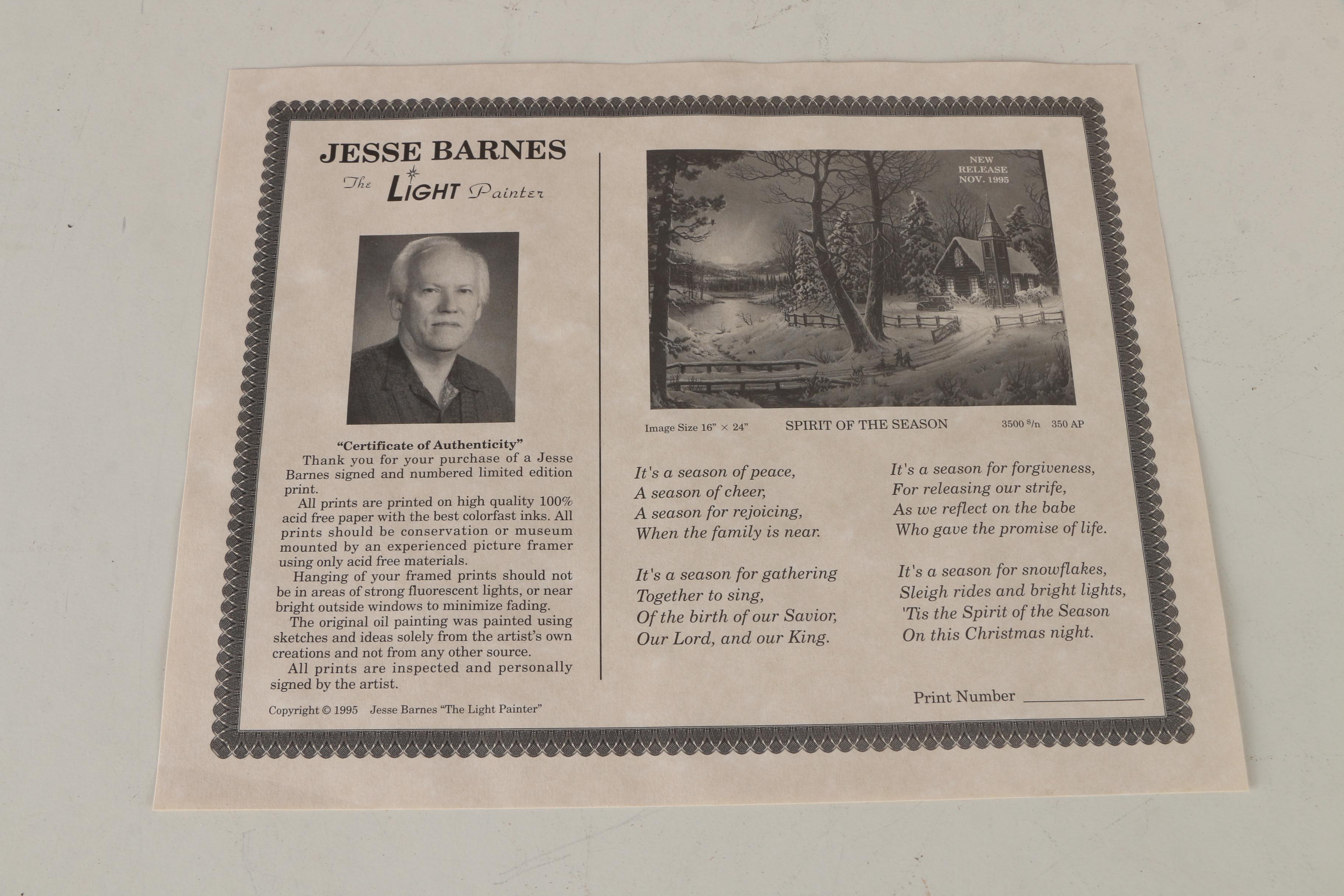 Jesse Barnes Limited Edition Offset Lithograph "Spirit of the Season"