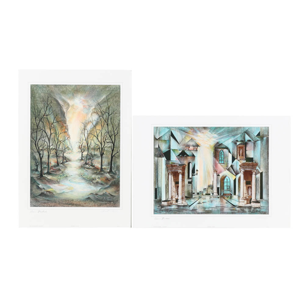 Pair of Armin Birkel Embellished Offset Lithographs on Paper