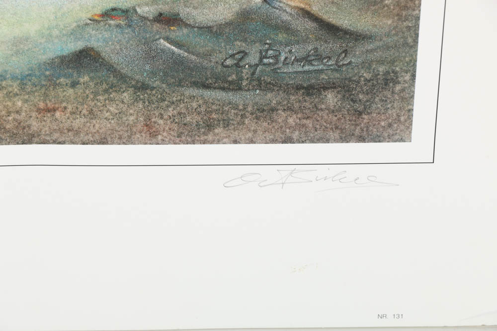 Pair of Armin Birkel Embellished Offset Lithographs on Paper