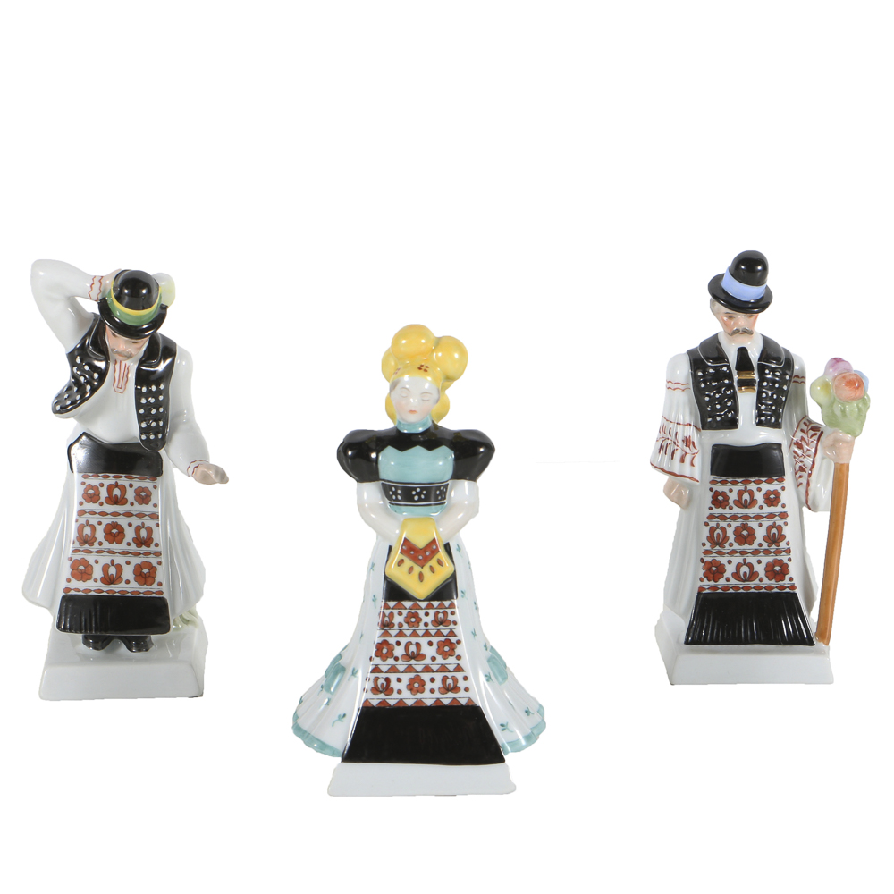 Three "Herend" Hand Painted Porcelain Wedding Figures