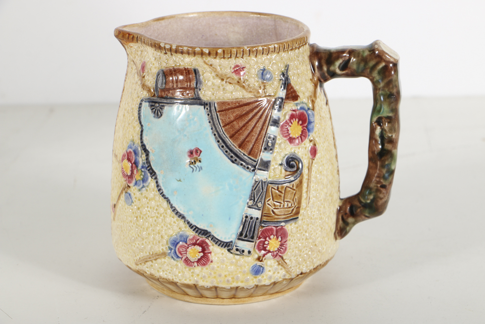 Circa 1881 English Majolica Pitcher and Dish in Fan Pattern