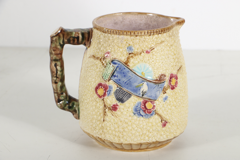 Circa 1881 English Majolica Pitcher and Dish in Fan Pattern