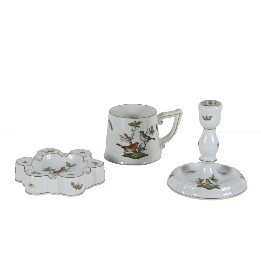 Herend "Rothschild Birds" Porcelain Mug, Candlestick and Ashtray