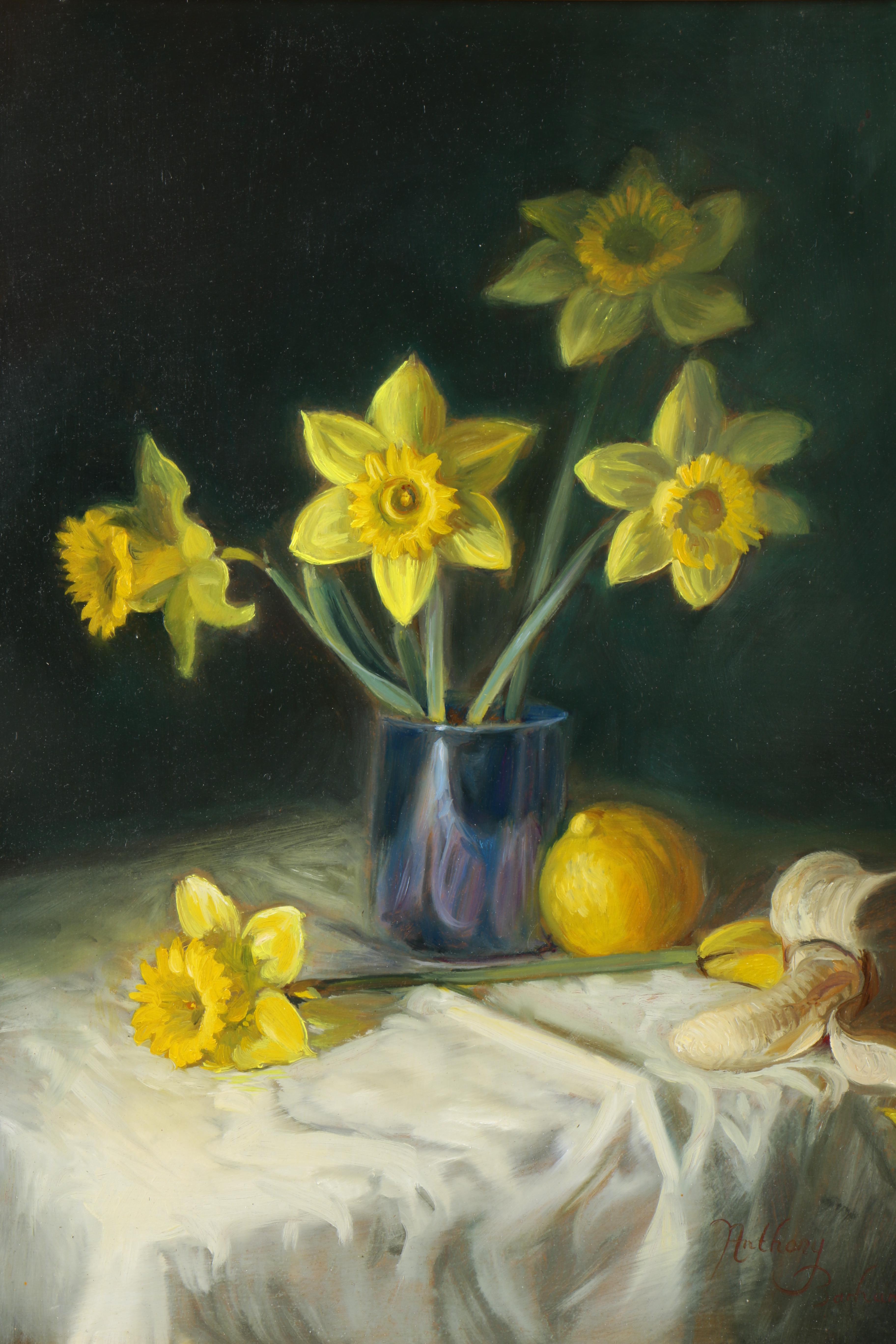Anthony Barham 1997 Oil Painting on Canvas of Still Life With Daffodils
