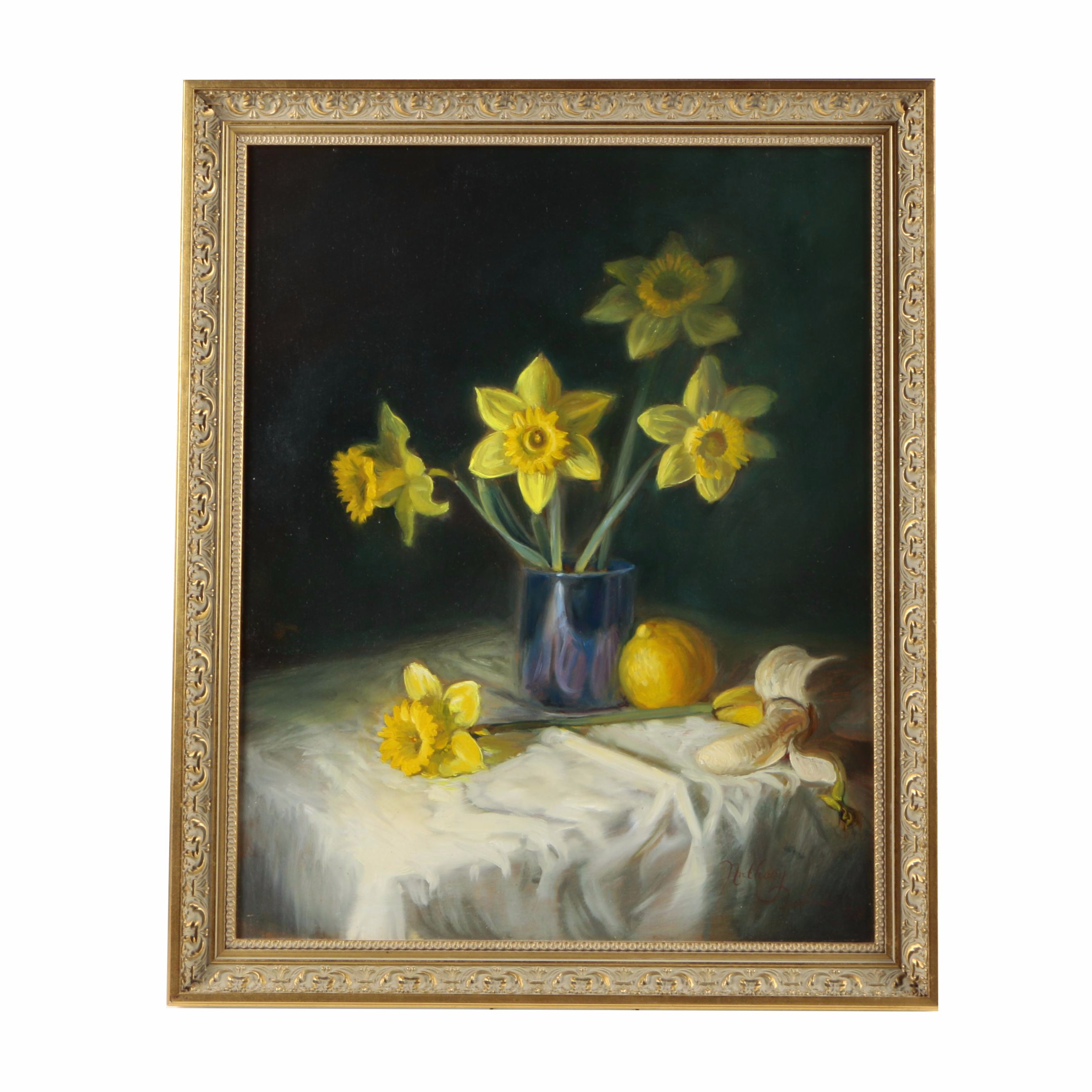 Anthony Barham 1997 Oil Painting on Canvas of Still Life With Daffodils