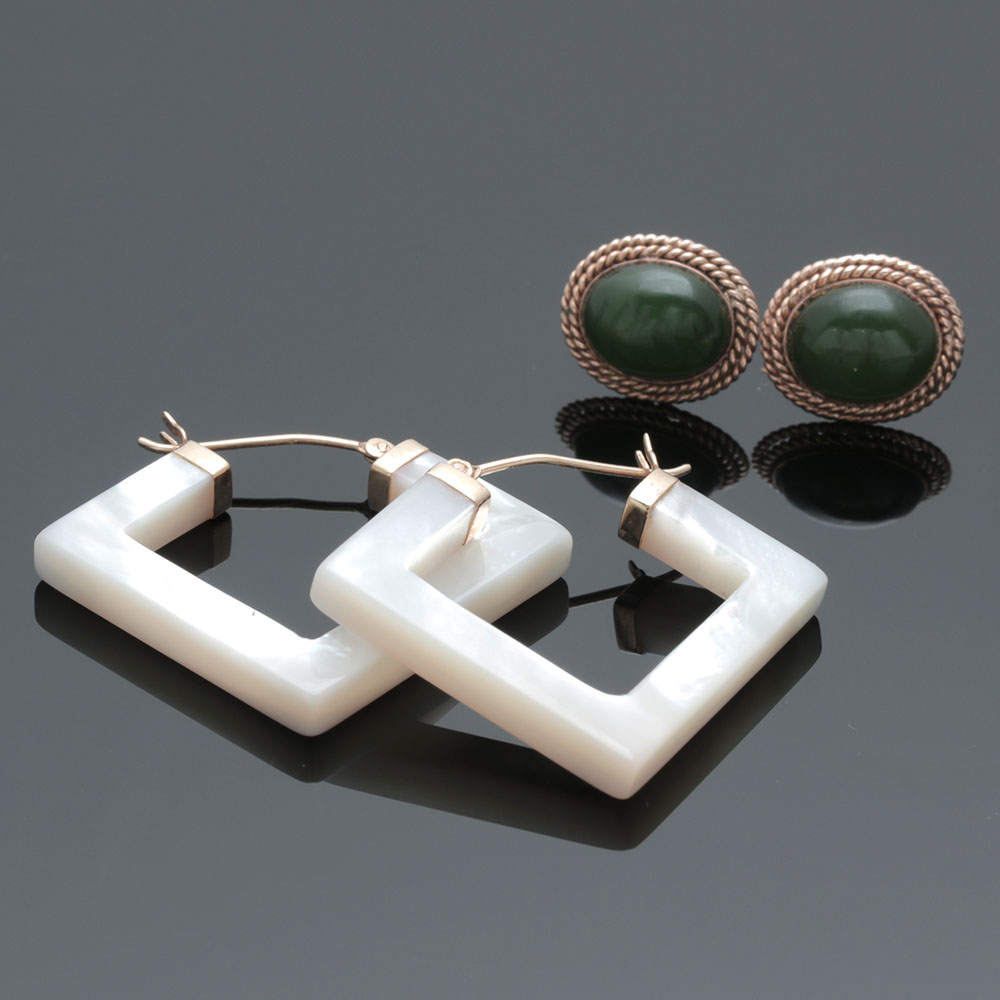 14K Yellow Gold Mother of Pearl and Nephrite Earrings