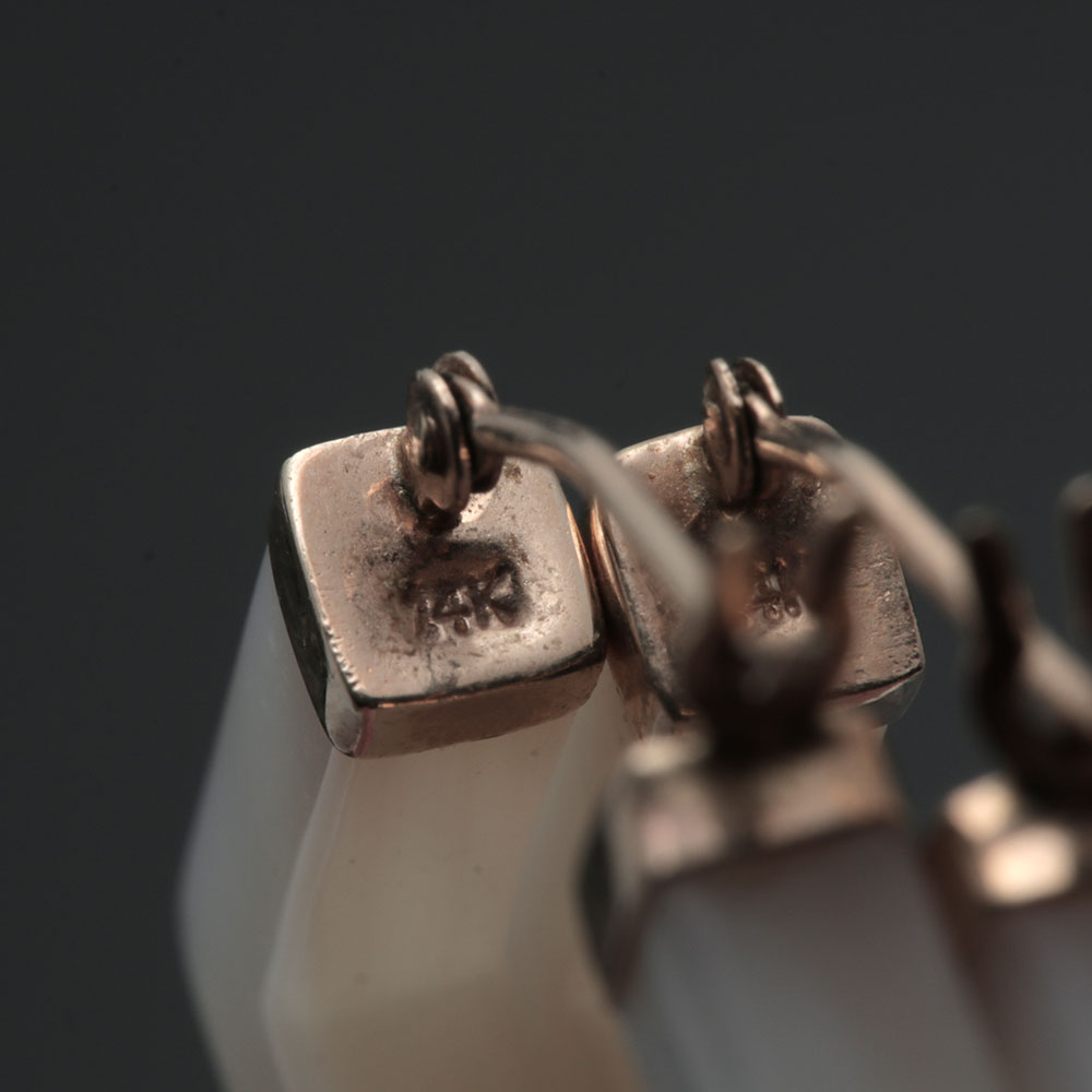 14K Yellow Gold Mother of Pearl and Nephrite Earrings