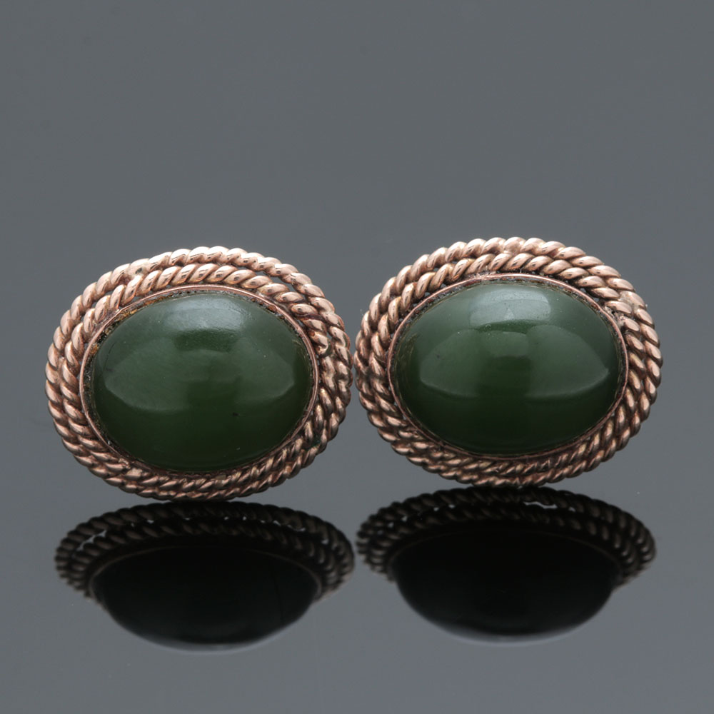 14K Yellow Gold Mother of Pearl and Nephrite Earrings