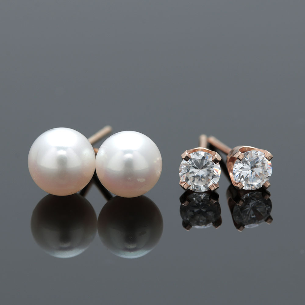 14K Yellow Gold Cultured Pearl and Cubic Zirconia Stud Earrings