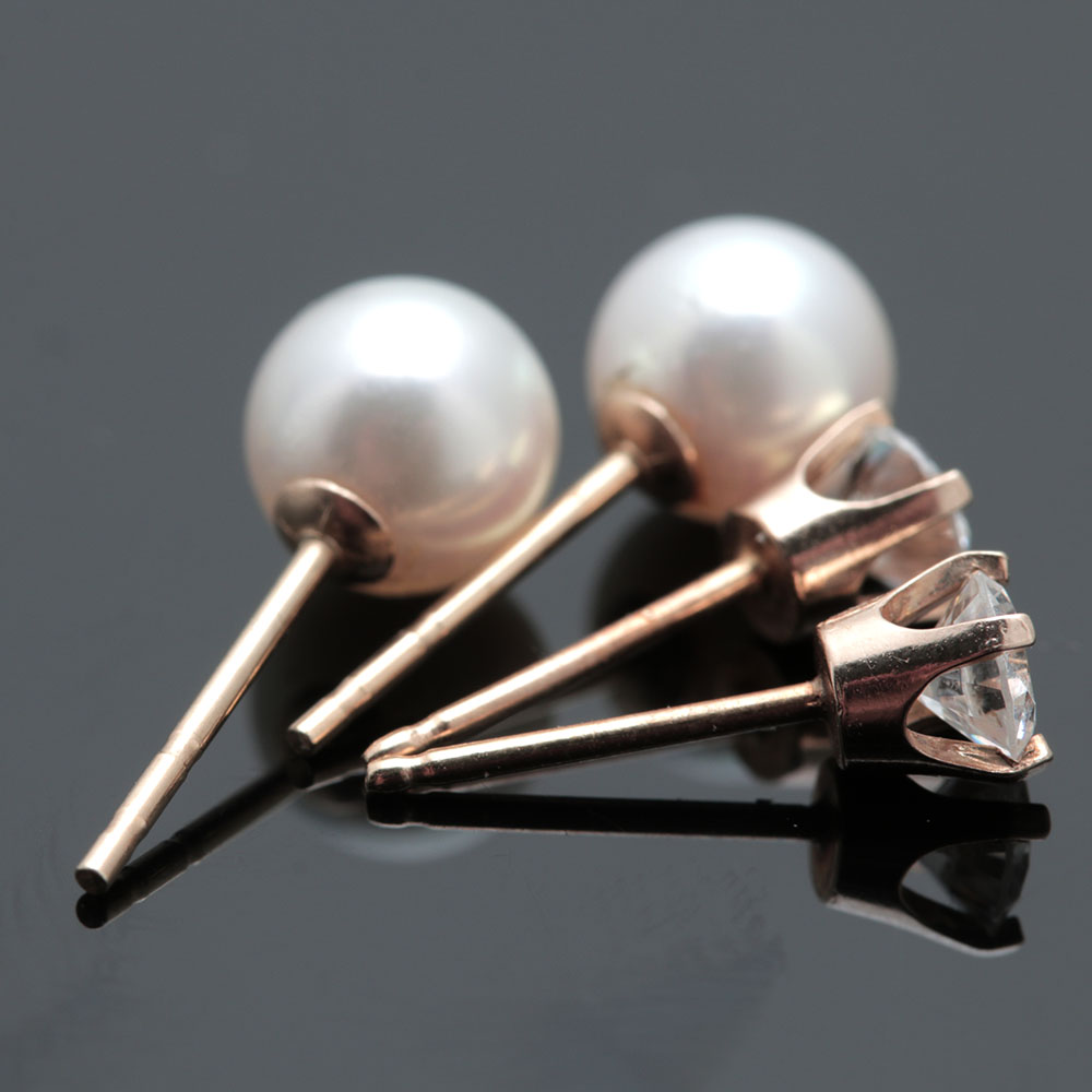 14K Yellow Gold Cultured Pearl and Cubic Zirconia Stud Earrings