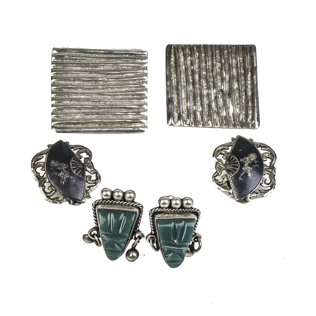 Collection of Vintage Mesoamerican and Thai Niello Sterling Silver Earrings