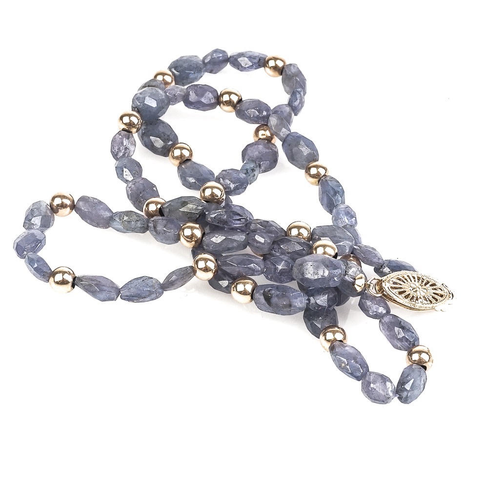 Vintage 14K Yellow Gold and Faceted Iolite Beaded Necklace