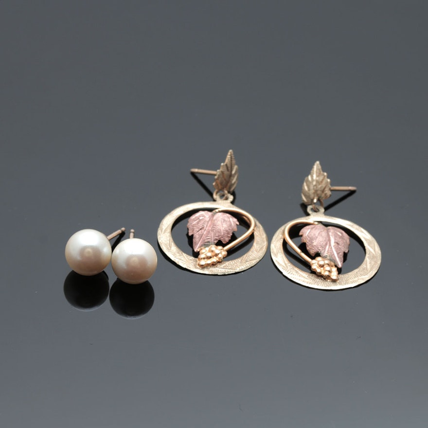 10K Yellow and Rose Gold Cultured Pearl Earrings