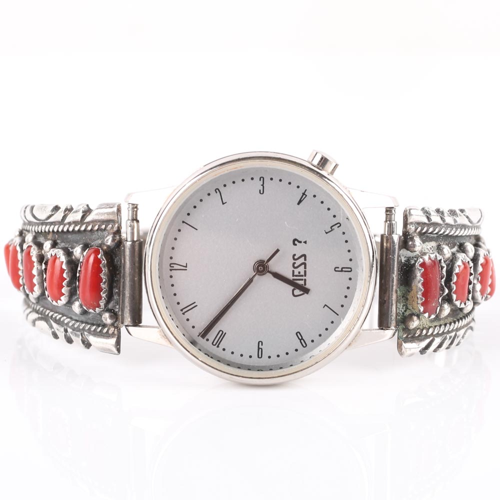 Vintage Guess Watch with Sterling Silver and Coral Accents