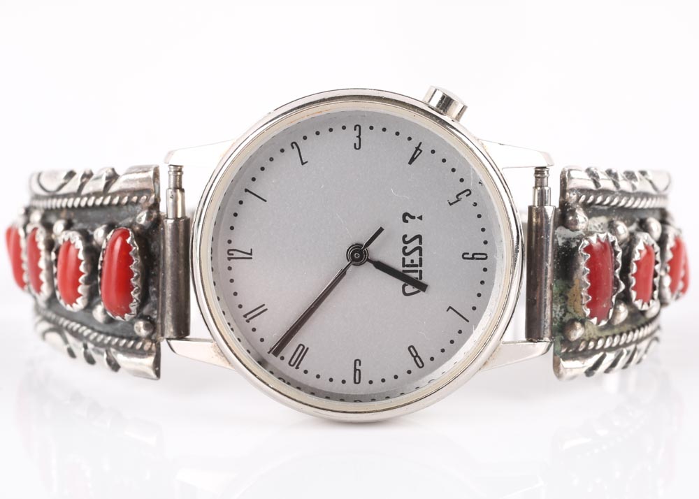 Vintage Guess Watch with Sterling Silver and Coral Accents