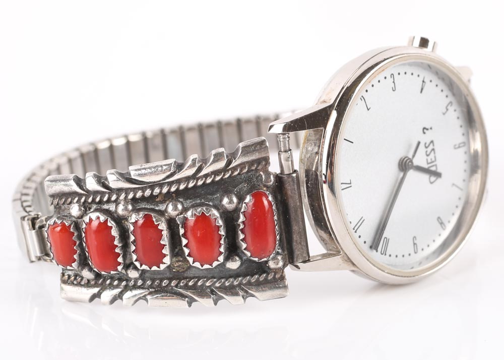 Vintage Guess Watch with Sterling Silver and Coral Accents