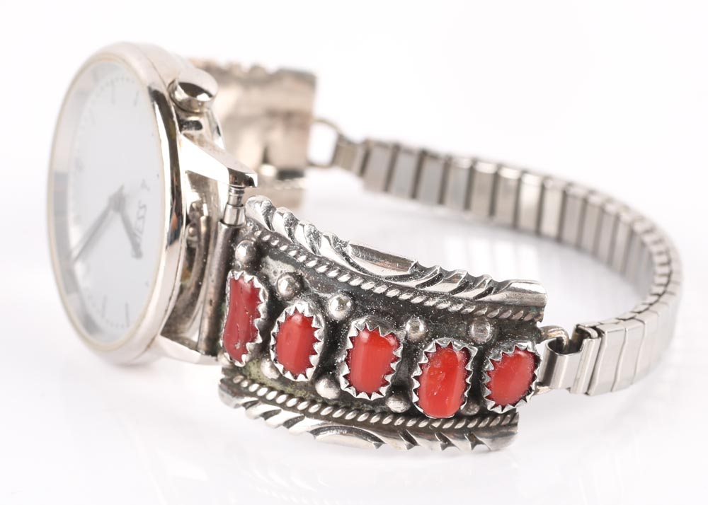 Vintage Guess Watch with Sterling Silver and Coral Accents