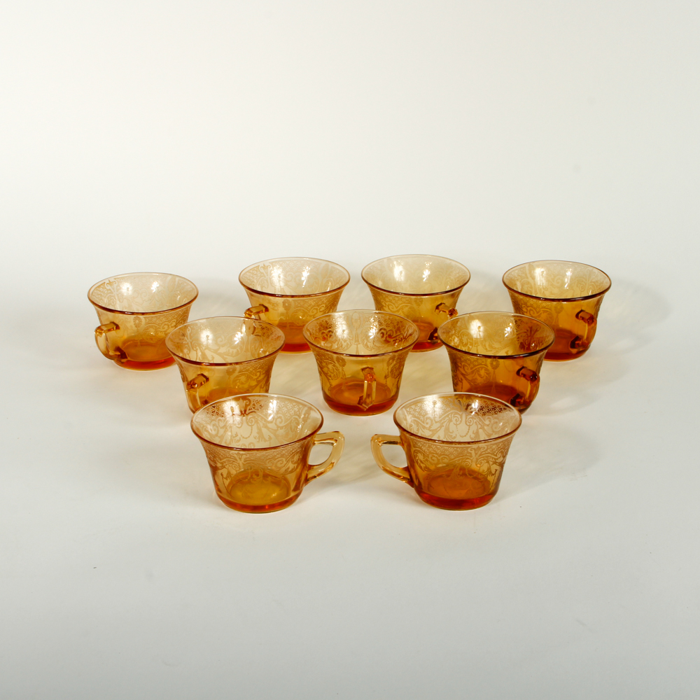 Amber Depression Glass Teacups and Saucers