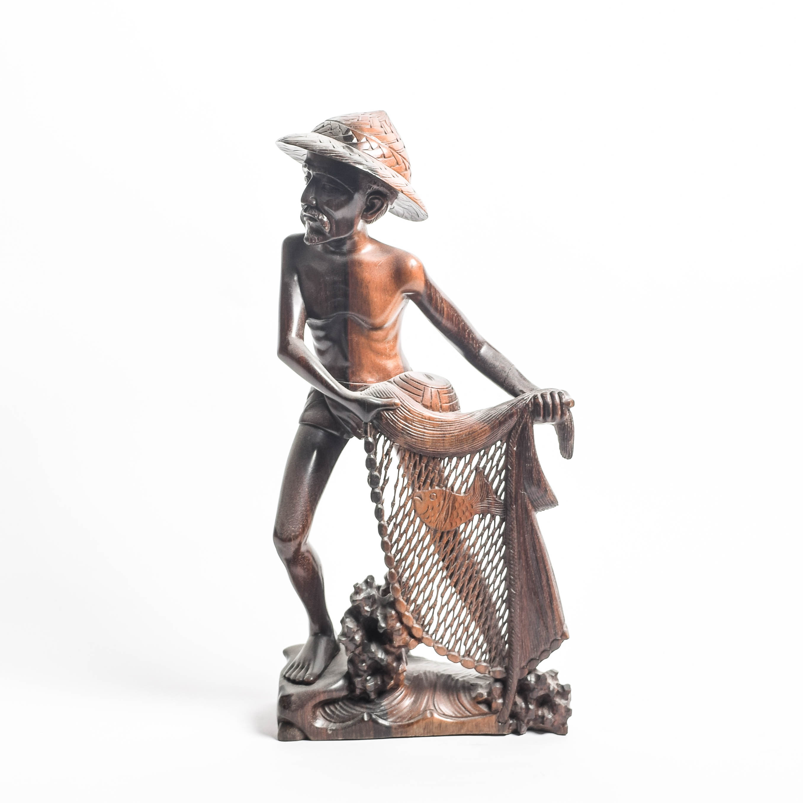 South Asian Wooden Sculpture of a Fisherman