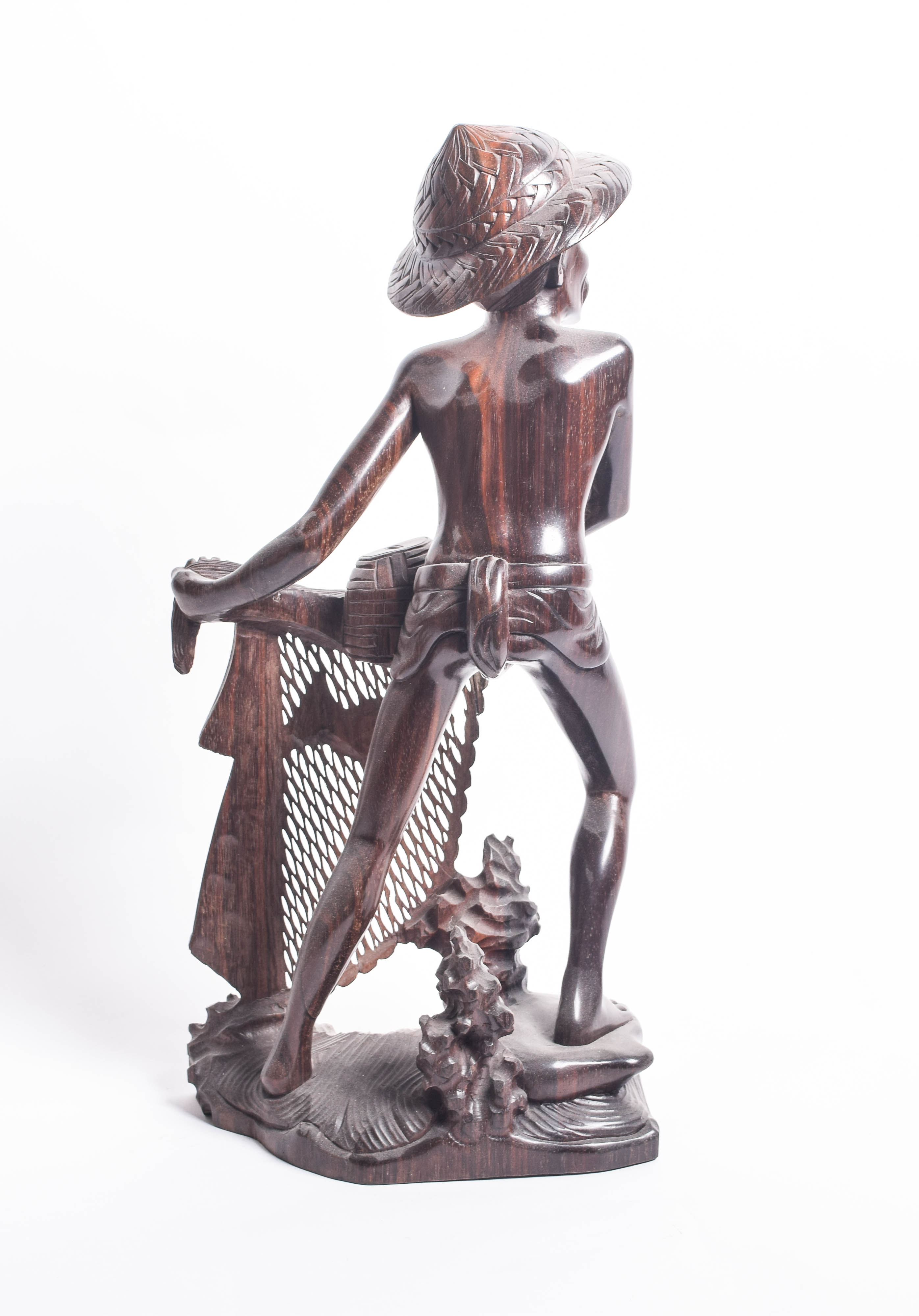 South Asian Wooden Sculpture of a Fisherman