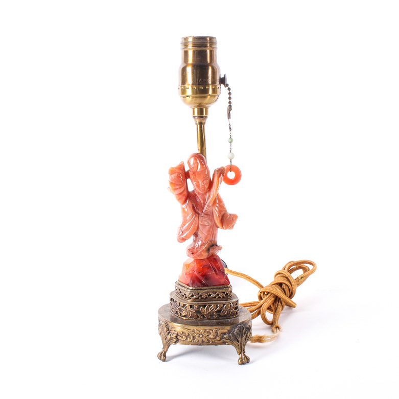 Vintage Chinese Carved Chalcedony and Nephrite Jade Table  Lamp