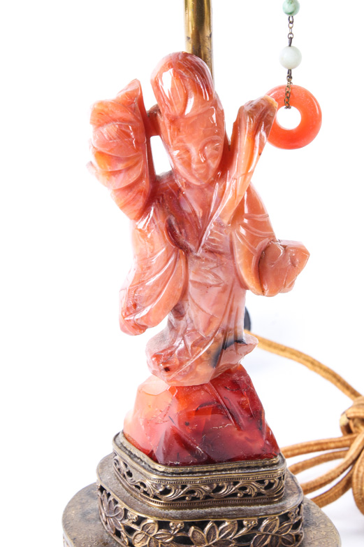 Vintage Chinese Carved Chalcedony and Nephrite Jade Table  Lamp