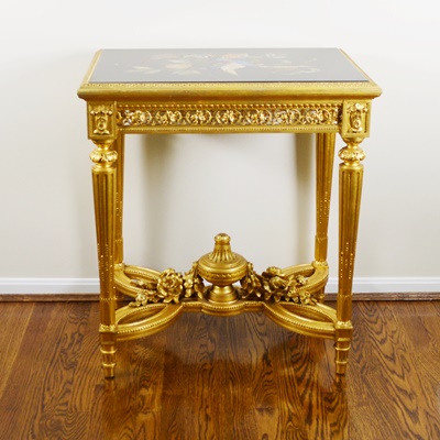 Louis XVI Style Pietra Dura Bird Gilt Wood Side Table, Circa 1920s