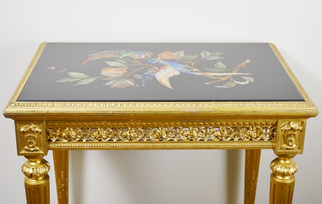 Louis XVI Style Pietra Dura Bird Gilt Wood Side Table, Circa 1920s