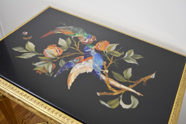 Louis XVI Style Pietra Dura Bird Gilt Wood Side Table, Circa 1920s