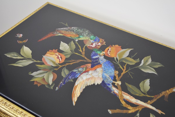 Louis XVI Style Pietra Dura Bird Gilt Wood Side Table, Circa 1920s