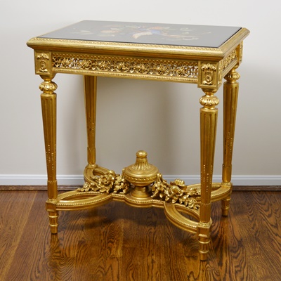 Louis XVI Style Pietra Dura Bird Gilt Wood Side Table, Circa 1920s