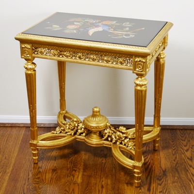 Louis XVI Style Pietra Dura Bird Gilt Wood Side Table, Circa 1920s