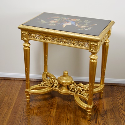 Louis XVI Style Pietra Dura Bird Gilt Wood Side Table, Circa 1920s