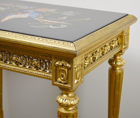 Louis XVI Style Pietra Dura Bird Gilt Wood Side Table, Circa 1920s