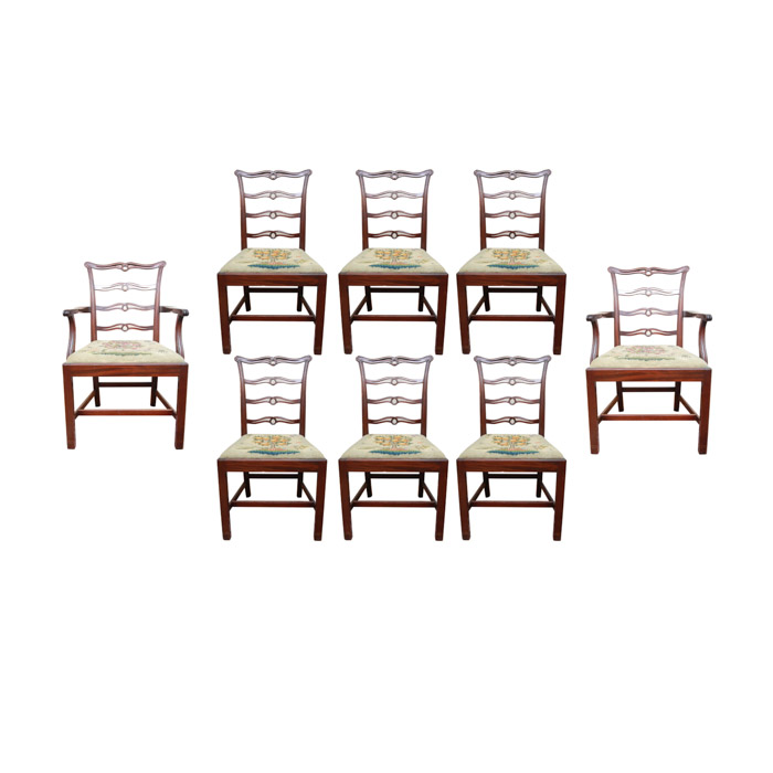 Vintage Chippendale Style Ribbon-Back Dining Chairs with Needlepoint Seats